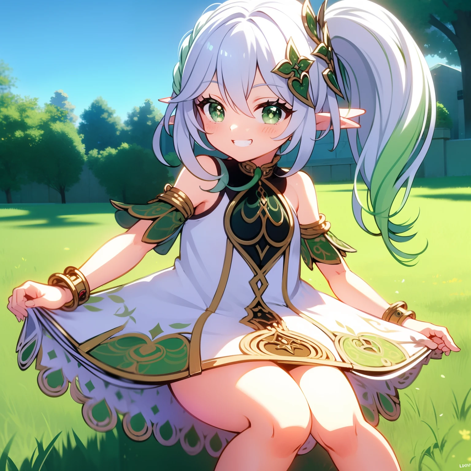 bottomless, skirt lift, sunbathing, 8 years old, loli, outside, grin, sunny, bright sunlight, grass, pointy ears, hair ornament, white hair, green hairstreak, side ponytail, masterpiece, best quality