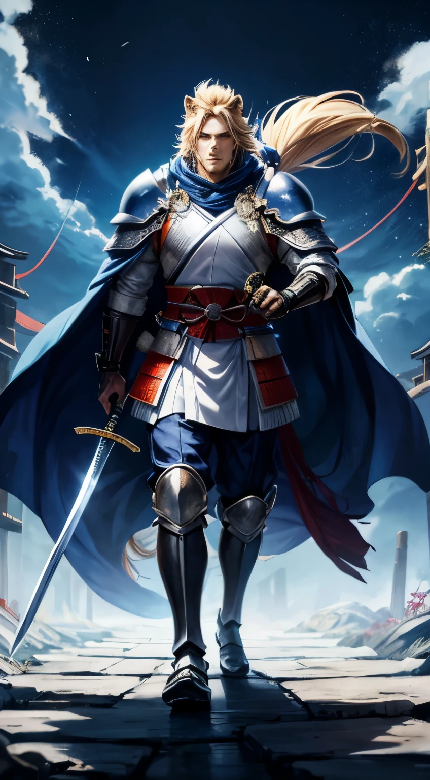 Anime style better quality possible, japan feudal, a samurai strong líon-man he has a lion face, sword in hand, and lion' tail, he is in a horse, forest way, blue armor, black boots, blue cape