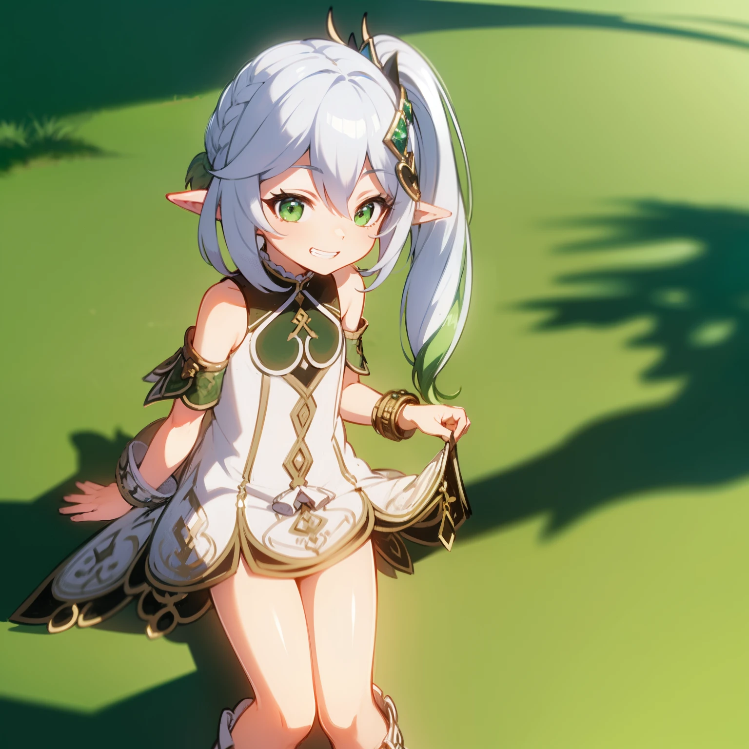 bottomless, skirt lift, sunbathing, 8 years old, ****, outside, grin, sunny, bright sunlight, grass, pointy ears, hair ornament, white hair, green hairstreak, side ponytail, masterpiece, best quality