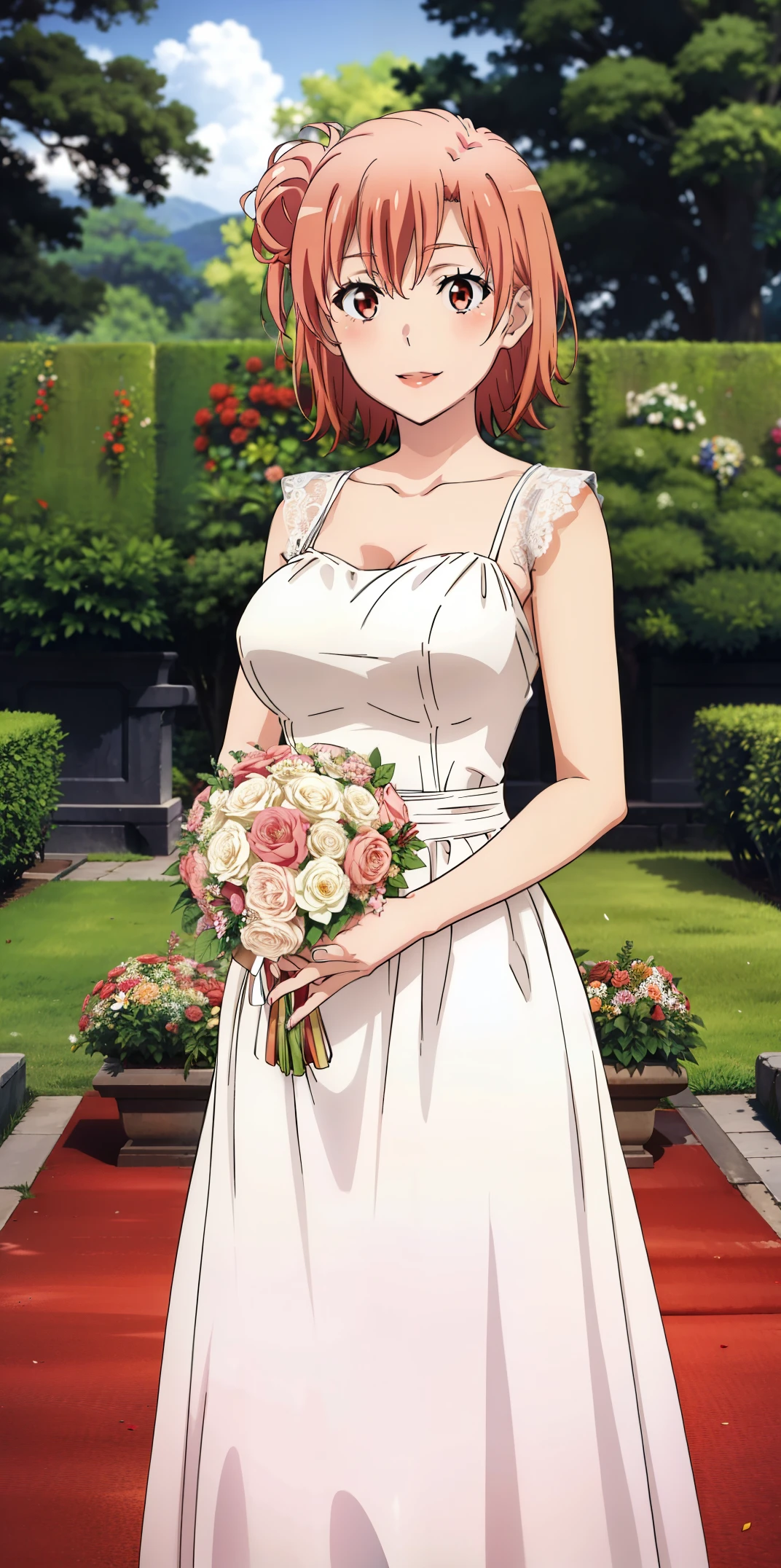 Best quality, masterpiece, highres, 1girl, Yuigahama yui, wedding Dress , red lips, short hair, long dress , bride, flowers in arms, big boobs, Standing, smile, garden background