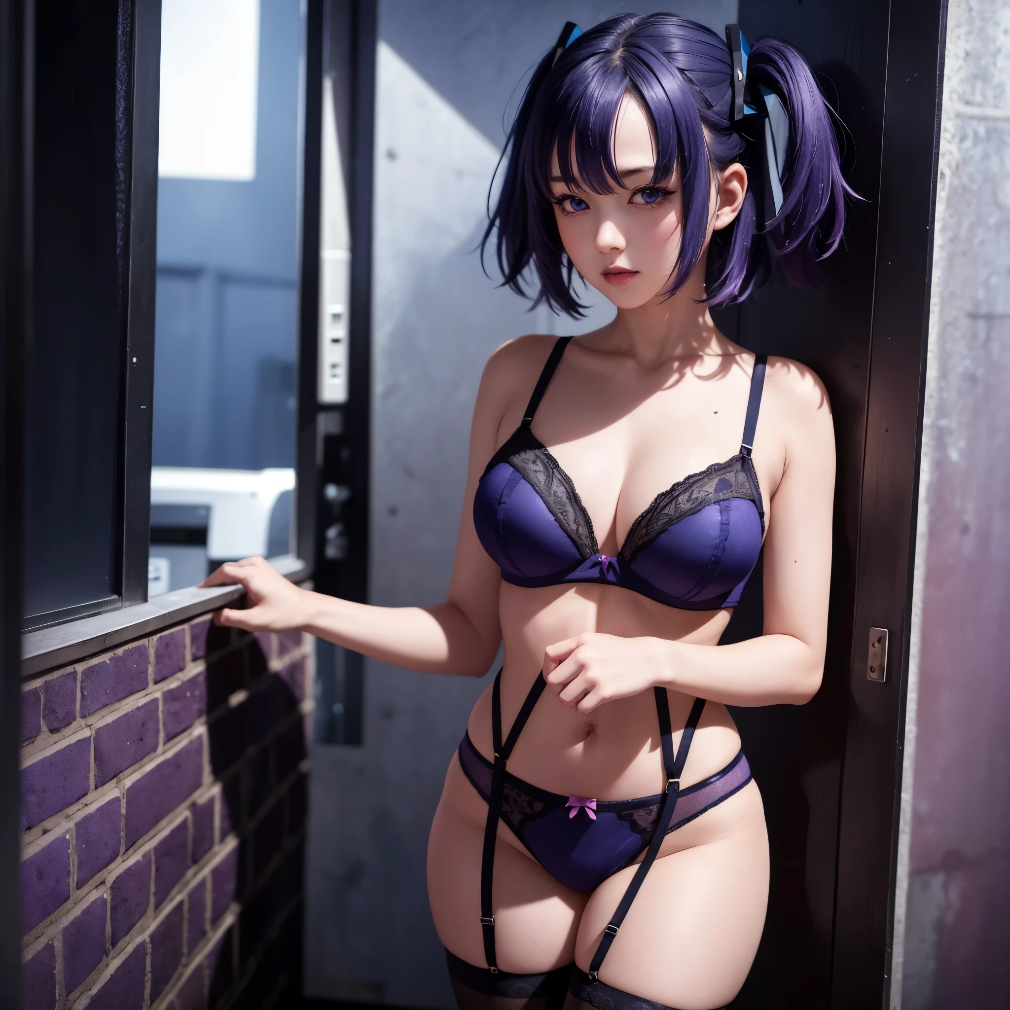 1 girl, solo, Yuuka, Blue Archive, short blue hair with purple tips, gorgeous deep pink eyes, black exciting lingerie, patterned lingerie, large breasts, black stockings, black tights, womb tattoo, short jeans trousers, ultra detailed, best quality, highest resolution