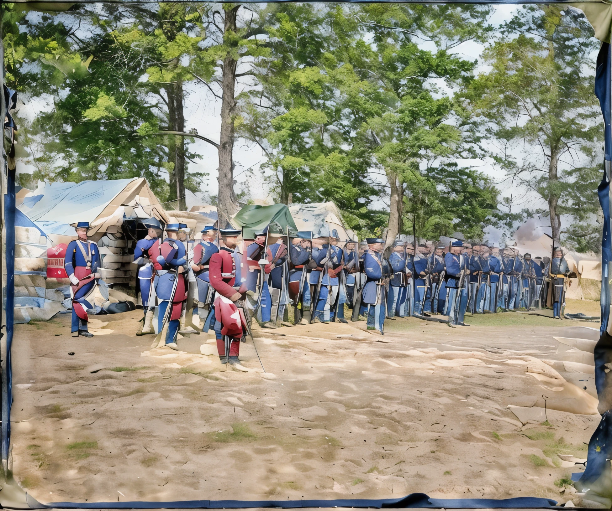 soldiers in blue uniform stand in a line in front of tents, historical (Civil War:1.5) reenactment, performing to dead soldiers, corps scattered on the ground, preparing for battle, parade setting, 3 / 4 wide shot, preparing to fight, crisp details, encampment, gearing up for battle, full body wide shot, standing on the field of battle, round about to start