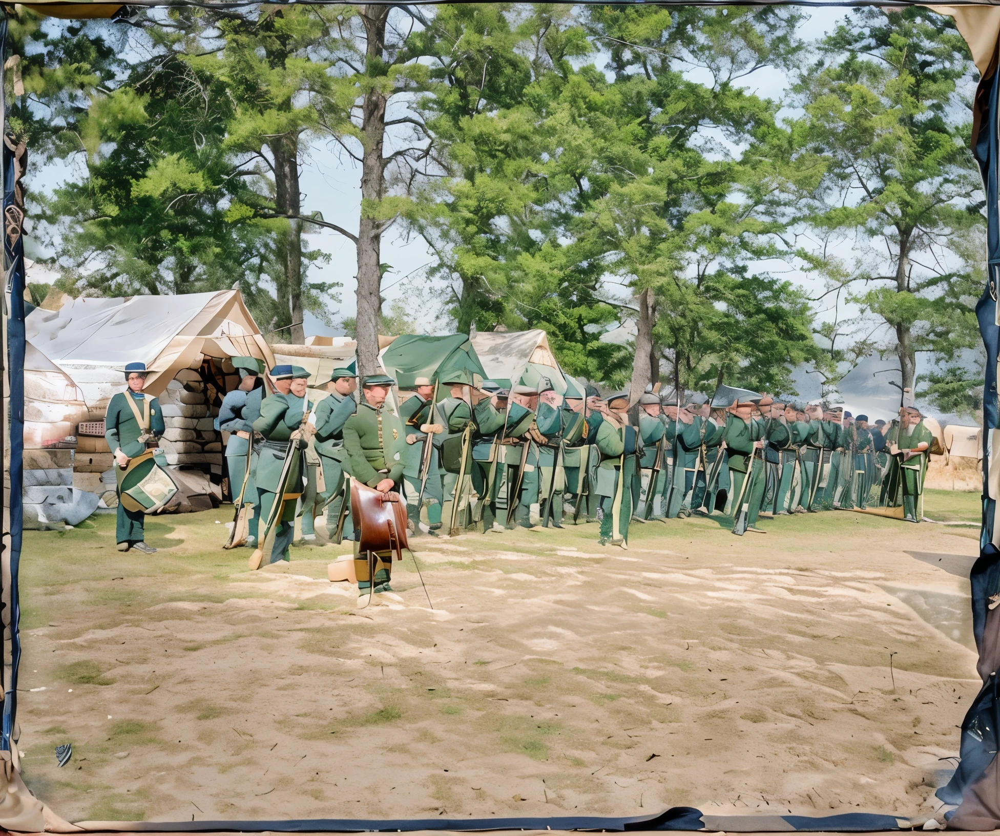 soldiers in uniform stand in a line in front of tents, historical reenactment, performing to dead soldiers, corps scattered on the ground, preparing for battle, parade setting, 3 / 4 wide shot, preparing to fight, crisp details, encampment, gearing up for battle, full body wide shot, standing on the field of battle, round about to start