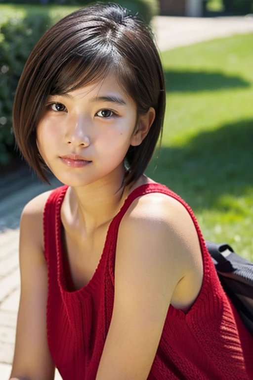 A beautiful girl wearing a red summer knit、terraces、15yo student、athlete very short hair、look away from the camera、