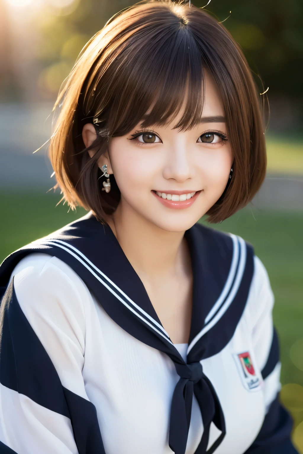 ((masterpiece)), ((best quality)), (ultra-detailed), ((kawaii)), cute, (lovely), ((sexy)), ((extremely detailed)), (detailed eyes), (detailed facial features), (Detailed fingers), (detailed clothes features), 4K, (8K), (beautiful), illustration, Pretty Japanese woman, 1 woman, (sailor suit:1.3), squatting, beautiful light brown hair, (short bob:1.2), beautiful blue eyes, ((beautiful eyes)), large breasts, tights, hair ornaments, smile, white teeth, blush, school, evening, lens flare, shiny