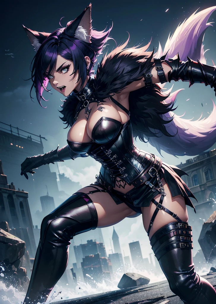 ((best quality, masterpice, 4k, 8k, high res)), ((furry; Anthro Wolf)), dynamic pose, ferocious, fangs, full body, female werewolf, sexy, vibrant colors, (edgy punk hairstyle), knight armor, well toned abs, victorian dress, goth corset,