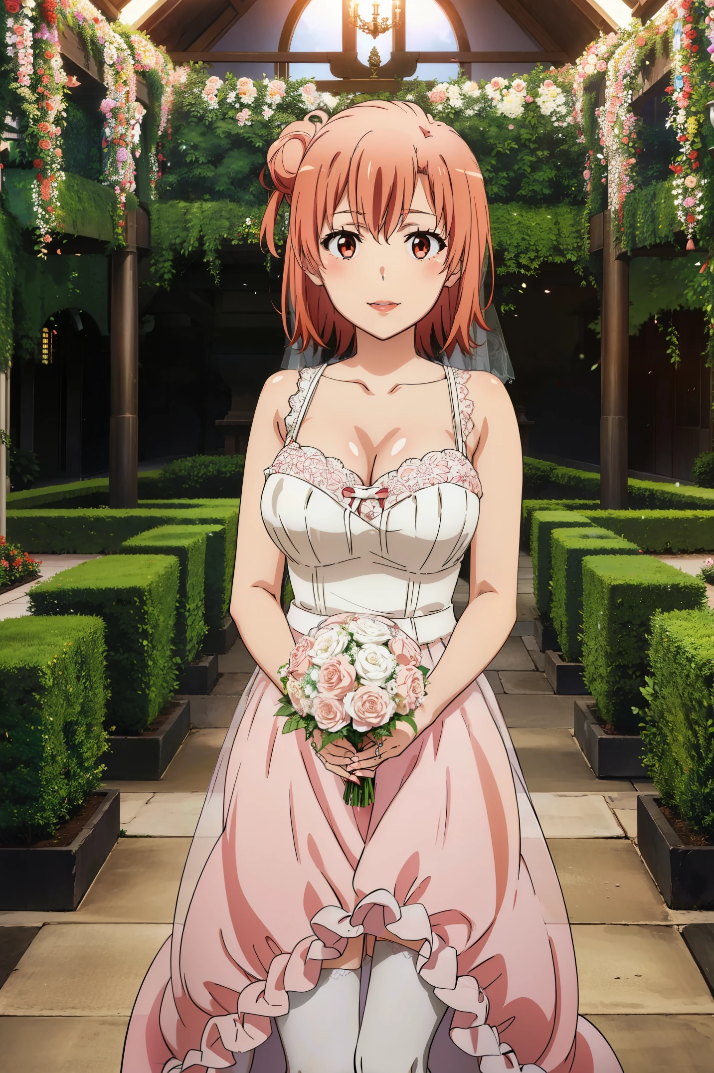 Best quality, masterpiece, highres, 1girl, Yuigahama yui, wedding Dress , red lips, short hair, long dress , bride, carrying in yukinoshita arms, big boobs, Standing, smile, garden background