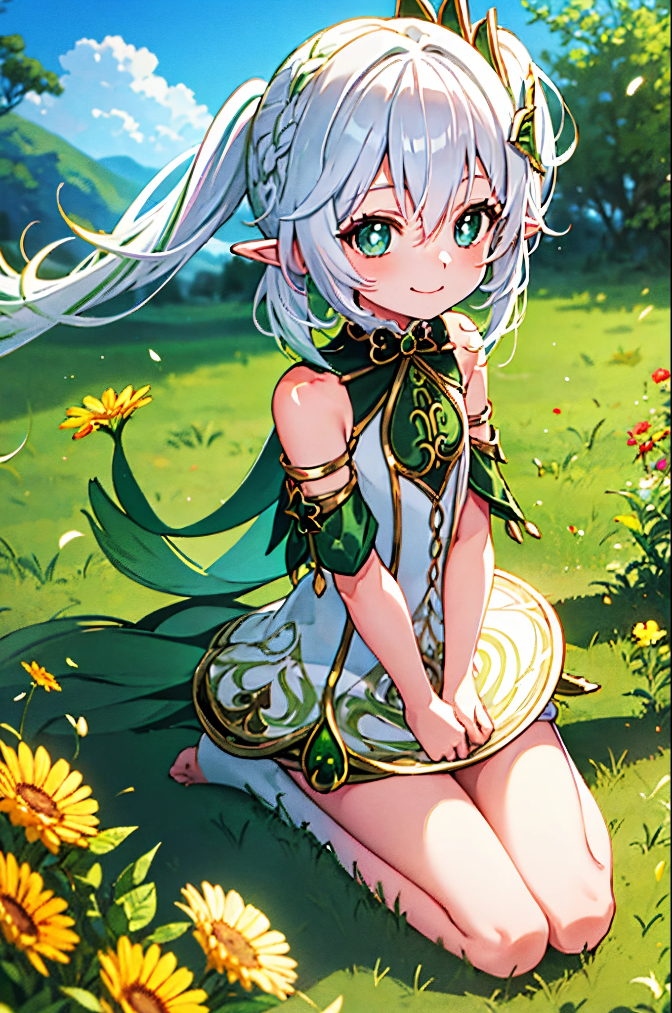 bottomless, flat chest, sunbathing, 8 years old, loli, outside, smiling, sunny, bright sunlight, grass, pointy ears, hair ornament, white hair, green hairstreak, side ponytail, masterpiece, best quality