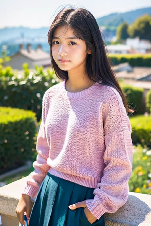 Beautiful girl wearing a pink summer knit、terraces、、look away from the camera、