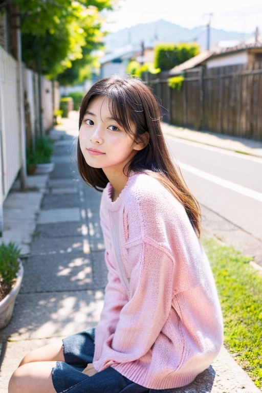 Beautiful girl wearing a pink summer knit、terraces、15yo student、look away from the camera、