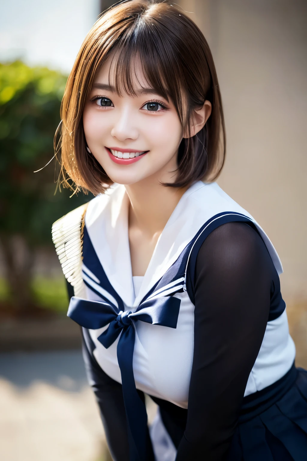 ((masterpiece)), ((best quality)), (ultra-detailed), ((kawaii)), cute, (lovely), ((sexy)), ((extremely detailed)), (detailed eyes), (detailed facial features), (Detailed fingers), (detailed clothes features), 4K, (8K), (beautiful), illustration, Pretty Japanese woman, 1 woman, (sailor suit:1.3), V Neck Sweater, leaning forward, beautiful light brown hair, (short bob:1.2), beautiful blue eyes, ((beautiful eyes)), large breasts, tights, hair ornaments, smile, white teeth, blush, school, evening, lens flare, shiny