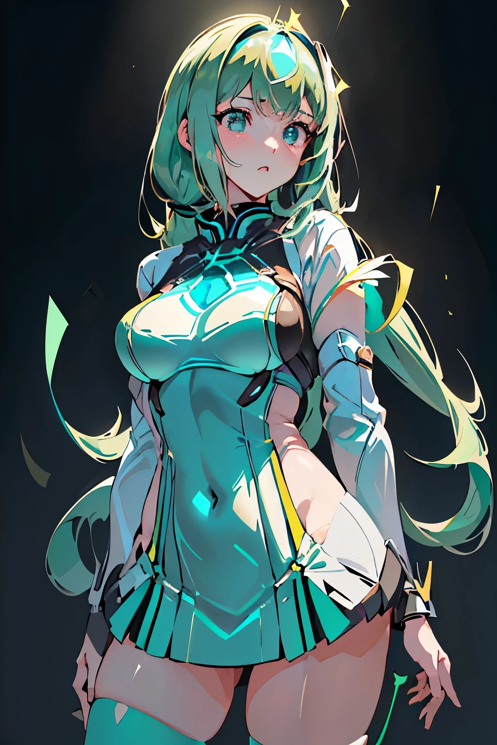 Anime, Girl, (((1girl))), (((Waifu, Xenoblade Chronicles 2, Pneuma Waifu))), Techwear, (((Seafoam Green Hair, Long Hair))), ((Seafoam Green Eyes eyes:1.3, Upturned Eyes: 1, Perfect Eyes, Beautiful Detailed Eyes, Gradient eyes: 1, Finely Detailed Beautiful Eyes: 1, Symmetrical Eyes: 1, Big Highlight On Eyes: 1.2, Hoshino Ai's Star Eyes)), (((Lustrous Skin: 1.5, Bright Skin: 1.5, Skin Fair, Shiny Skin, Very Shiny Skin, Shiny Body, Plastic Glitter Skin, Exaggerated Shiny Skin, Illuminated Skin))), (Detailed Body, (Detailed Face)), Young, Idol Pose, (Best Quality), Shirt, Loose Skirt, Stockings, Garterbelt, Modest Clothing, Skin Covered, Cute Disposition, High Resolution, Sharp Focus, Ultra Detailed, Extremely Detailed, Extremely High Quality Artwork, (Realistic, Photorealistic: 1.37), 8k_Wallpaper, (Extremely Detailed CG 8k), (Very Fine 8K CG), ((Hyper Super Ultra Detailed Perfect Piece)), (((Flawlessmasterpiece))), Illustration, Vibrant Colors, (Intricate), High Contrast, Selective Lighting, Double Exposure, HDR (High Dynamic Range), Post-processing, Background Blur