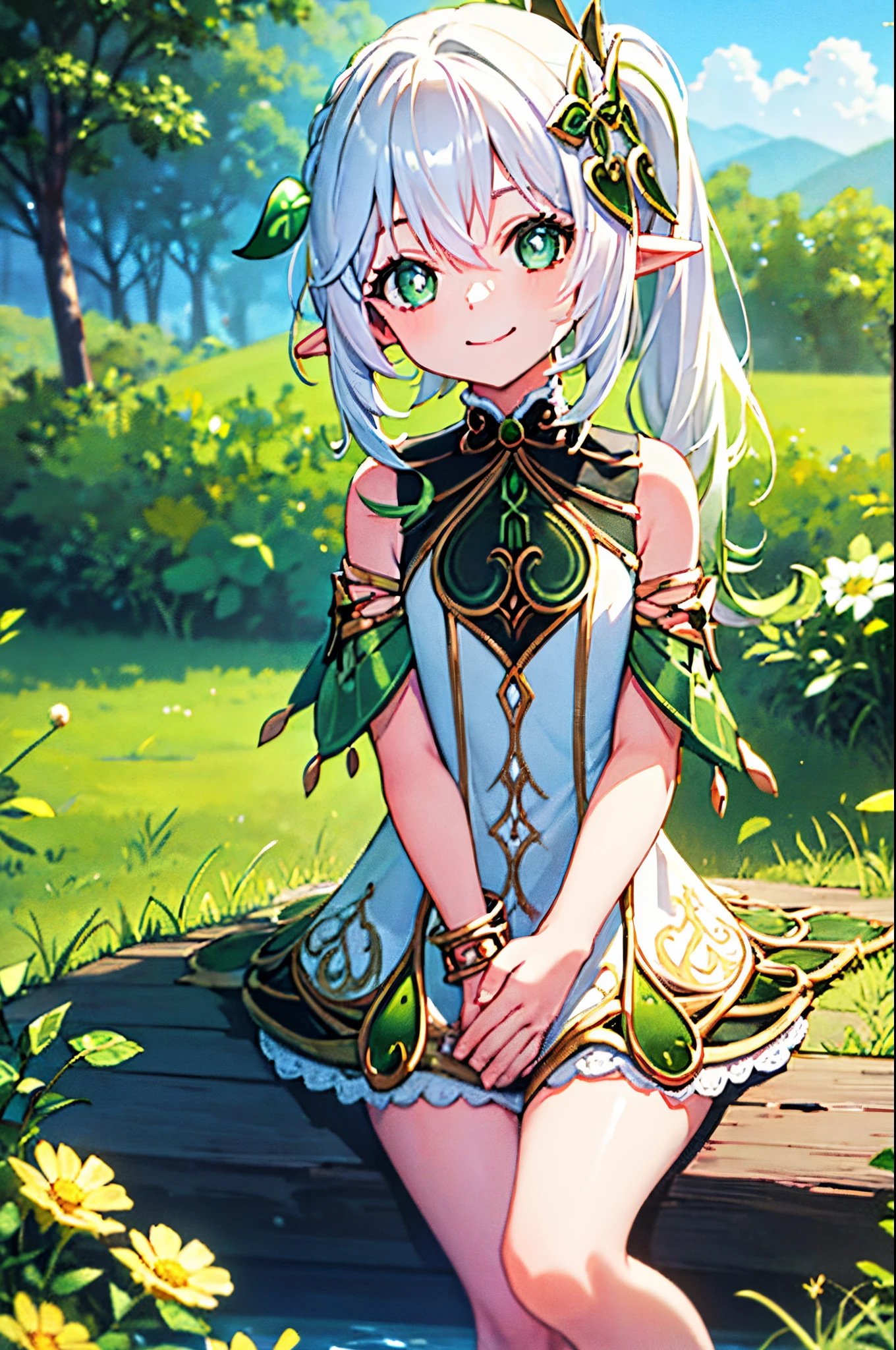 bottomless, flat chest, sunbathing, 8 years old, loli, outside, smiling, sunny, bright sunlight, grass, pointy ears, hair ornament, white hair, green hairstreak, side ponytail, masterpiece, best quality