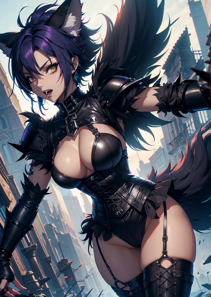 ((best quality, masterpice, 4k, 8k, high res)), ((furry; Anthro Wolf)), dynamic pose, ferocious, fangs, full body, female werewolf, sexy, vibrant colors, (edgy punk hairstyle), knight armor, well toned abs, victorian dress, goth corset,