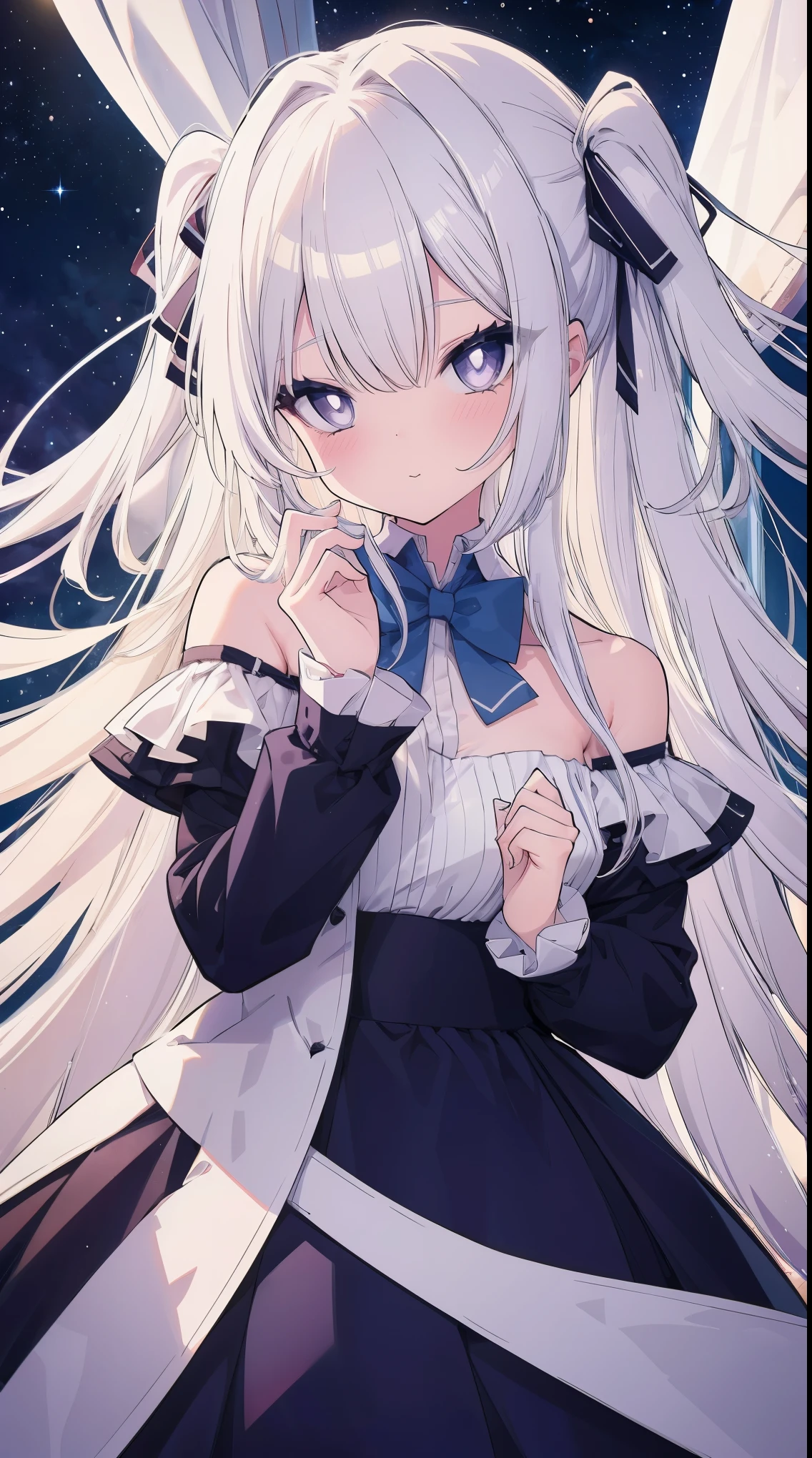Long silver-white hair and waist,Scattered hair curtains,Two strands of hair curtain,Deep purple eyes,high light,Loving pupils,Gorgeous turn,Like dancing,Dark blue sailor dress off-the-shoulder dress,The skirt fluttered as she turned,White bloomers show some,Light blue bow tie,Crystal hairpin,under the starry night sky,