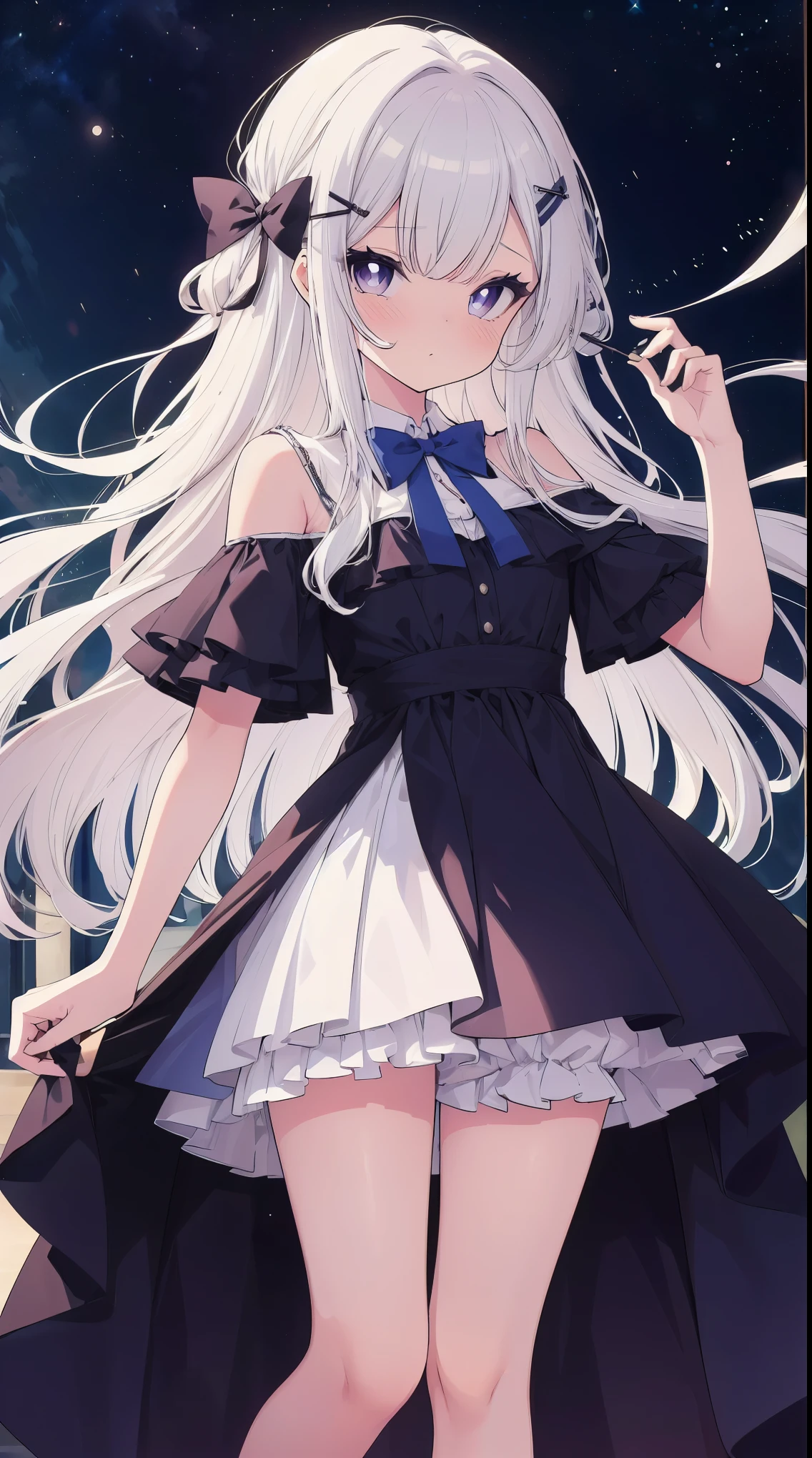 Long silver-white hair and waist,Scattered hair curtains,Two strands of hair curtain,Deep purple eyes,high light,Loving pupils,Gorgeous turn,Like dancing,Dark blue sailor dress off-the-shoulder dress,The skirt fluttered as she turned,White bloomers show some,Light blue bow tie,Crystal hairpin,under the starry night sky,
