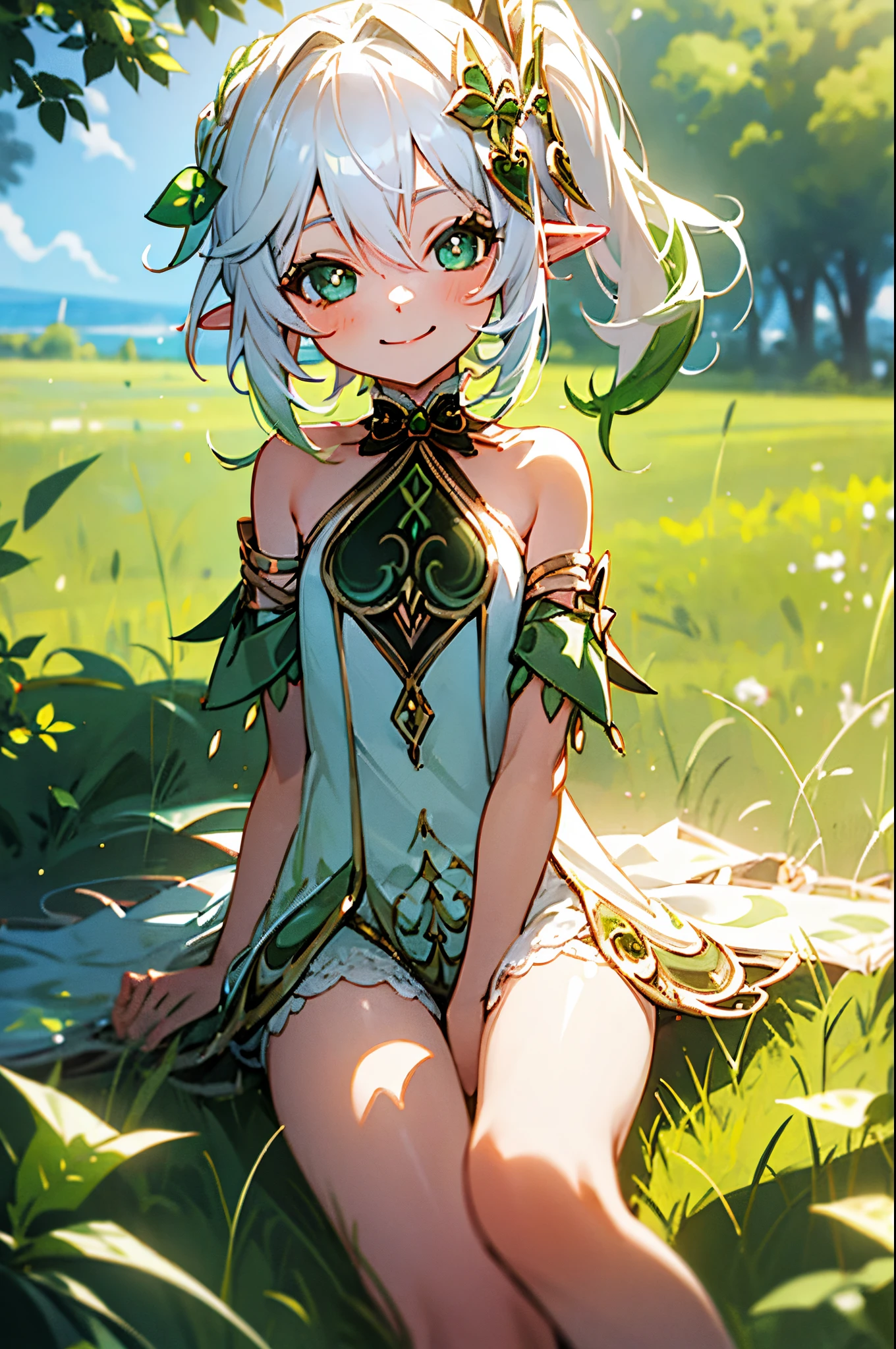 nude, flat chest, sunbathing, upskirt, 8 , loli, outde, smiling, sunny, bright sunlight, grass, pointy ears, hair ornament, white hair, green hairstreak, side ponytail, masterpiece, best quality