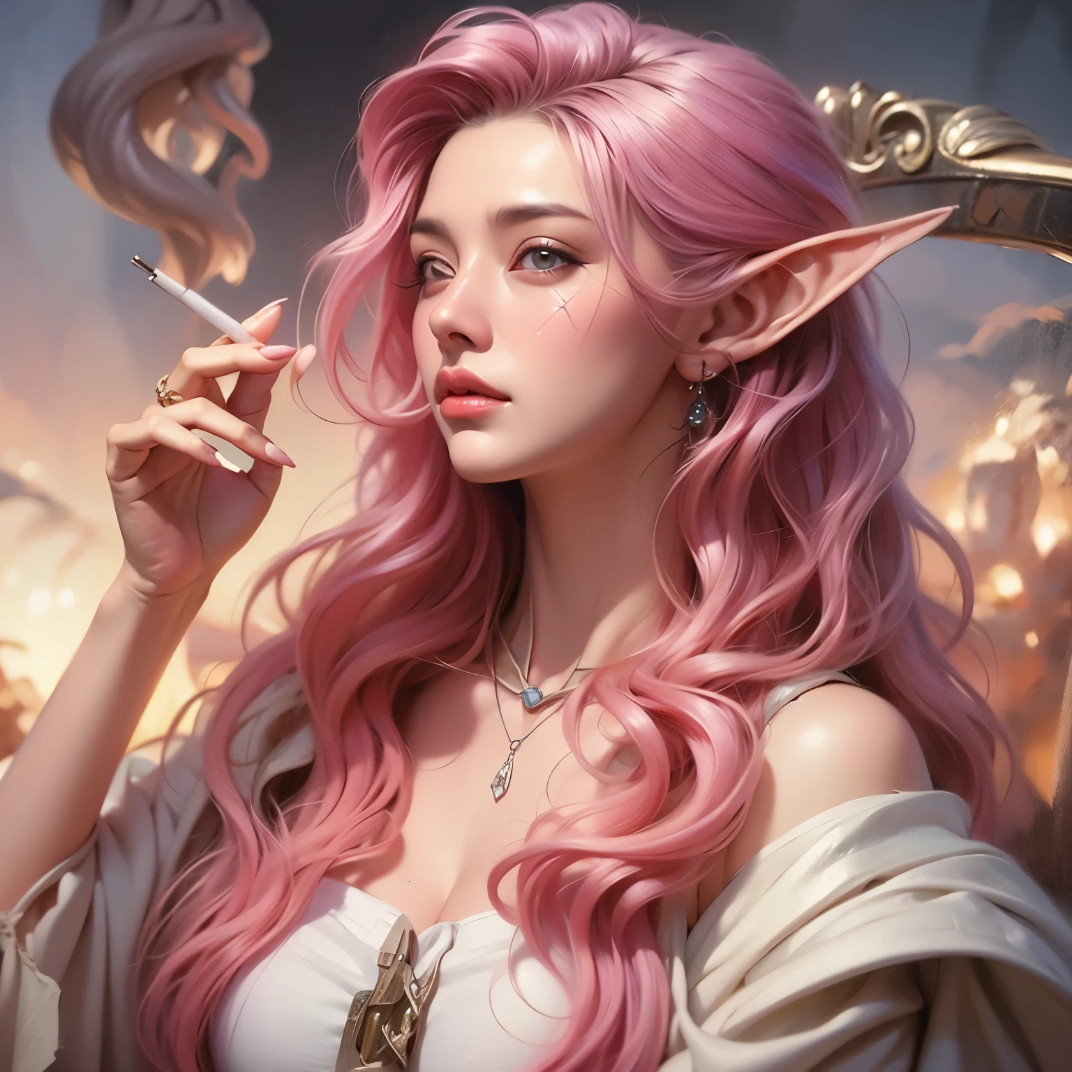 a close up of a woman with pink hair smoking a cigarette, hyperrealistic fantasy art, fantasy art style, digital fantasy art), loish and wlop, realistic fantasy art, realistic fantasy illustration, realistic fantasy painting, 8k art specifically high quality, detailed fantasy digital art, WLOP's style, Elf girl, behance fantasy art, fantasy art portrait