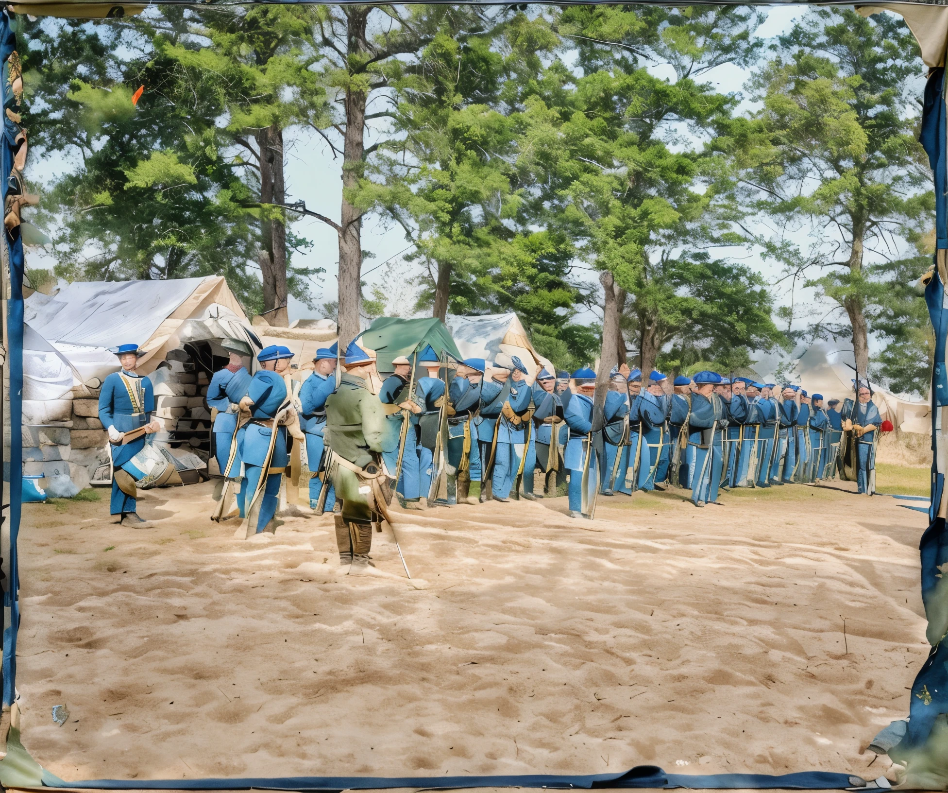 soldiers in blue uniform stand in a line in front of tents, historical reenactment, performing to dead soldiers, corps tered on the ground, preparing for battle, parade setting, 3 / 4 wide shot, preparing to fight, crisp details, encampment, gearing up for battle, full body wide shot, standing on the field of battle, round about to start, blue cloth,