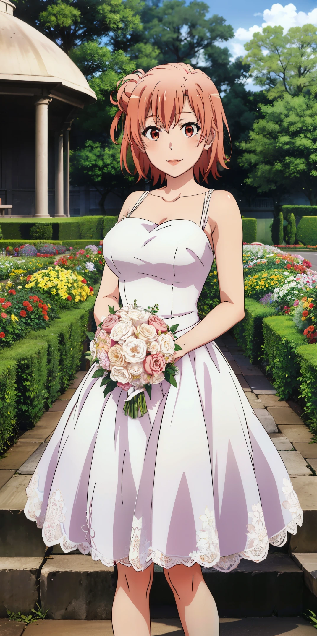 Best quality, masterpiece, highres, 1girl, Yuigahama yui, wedding Dress , red lips, short hair, long dress , bride, flowers in arms, big boobs, Standing, smile, garden background