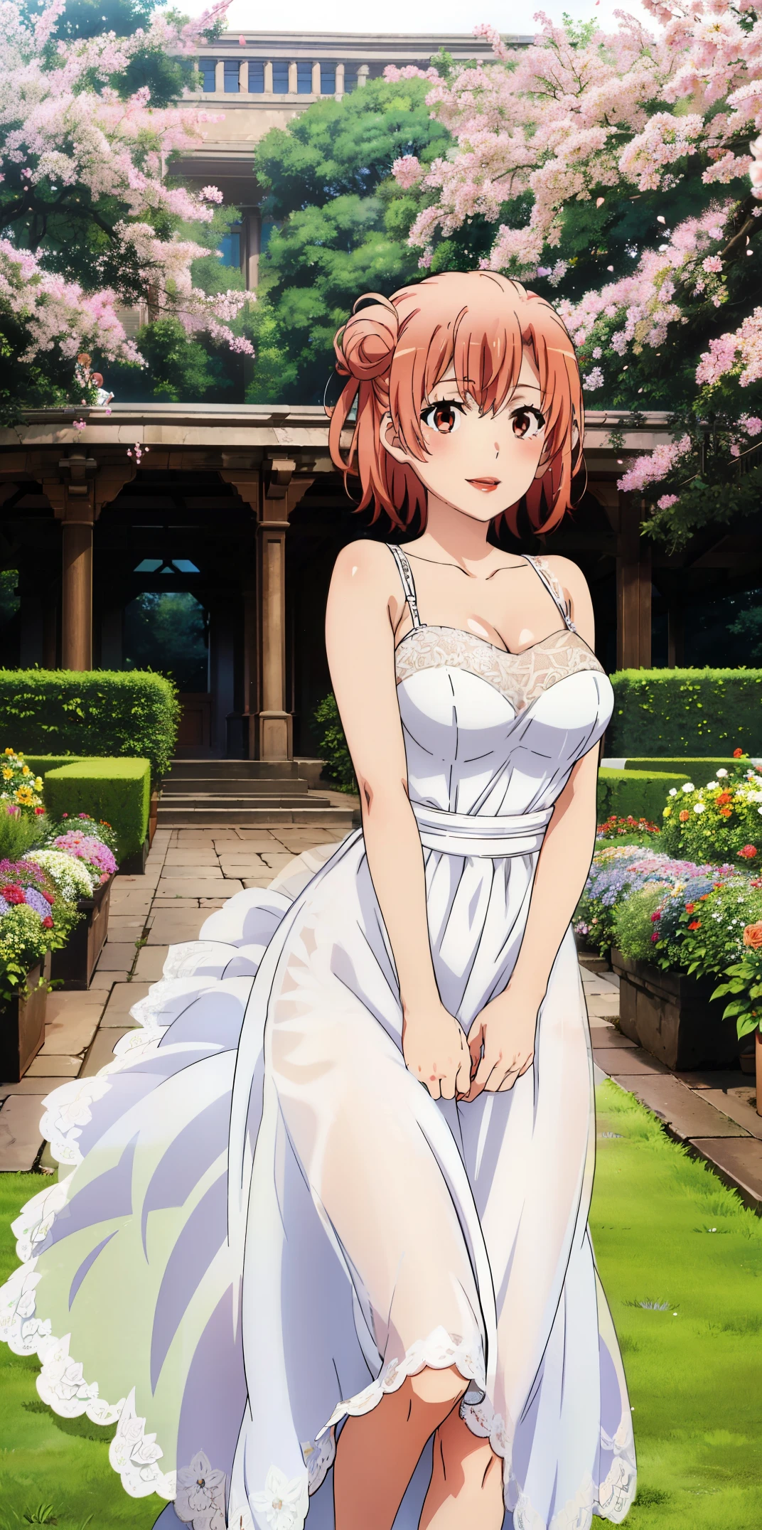 Best quality, masterpiece, highres, 1girl, Yuigahama yui, wedding Dress , red lips, short hair, long dress , bride, flowers in arms, big boobs, Standing, smile, garden background