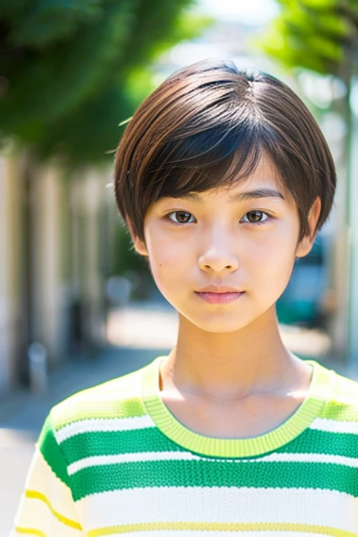 A beautiful girl wearing a yellow-green summer knit、terraces、15yo student、(athlete very short hair)、look away from the camera、
