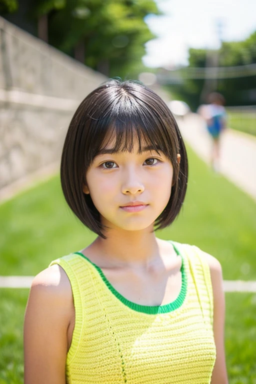 A beautiful girl wearing a yellow-green summer knit、terraces、 student、(athlete very short hair)、look away from the camera、