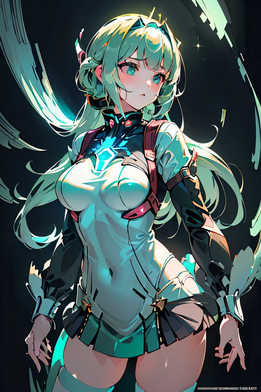 Anime, Girl, (((1girl))), (((Waifu, Xenoblade Chronicles 2, Pneuma Waifu))), Techwear, (((Seafoam Green Hair, Long Hair))), ((Seafoam Green Eyes eyes:1.3, Upturned Eyes: 1, Perfect Eyes, Beautiful Detailed Eyes, Gradient eyes: 1, Finely Detailed Beautiful Eyes: 1, Symmetrical Eyes: 1, Big Highlight On Eyes: 1.2, Hoshino Ai's Star Eyes)), (((Lustrous Skin: 1.5, Bright Skin: 1.5, Skin Fair, Shiny Skin, Very Shiny Skin, Shiny Body, Plastic Glitter Skin, Exaggerated Shiny Skin, Illuminated Skin))), (Detailed Body, (Detailed Face)), Young, Idol Pose, (Best Quality), Shirt, Loose Skirt, Stockings, Garterbelt, Modest Clothing, Skin Covered, Cute Disposition, High Resolution, Sharp Focus, Ultra Detailed, Extremely Detailed, Extremely High Quality Artwork, (Realistic, Photorealistic: 1.37), 8k_Wallpaper, (Extremely Detailed CG 8k), (Very Fine 8K CG), ((Hyper Super Ultra Detailed Perfect Piece)), (((Flawlessmasterpiece))), Illustration, Vibrant Colors, (Intricate), High Contrast, Selective Lighting, Double Exposure, HDR (High Dynamic Range), Post-processing, Background Blur