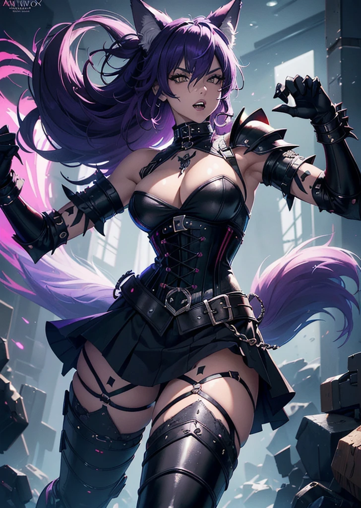 ((best quality, masterpice, 4k, 8k, high reurry; Anthro Wolf)), dynamic pose, ferocious, fangs, full body, female werewolf, sexy, vibrant colors, (edgy punk hairstyle), knight armor, well toned abs, victorian dress, goth corset,