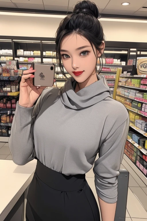 full body, (Photo realistic, masterpiece, best quality, ultra detailed, realistic skin, intricate details, exquisitely detailed, beautiful composition, extremely intricate, realistic humid skin, perfect anatomy, exquisitely detailed skin), solo, 1 girl, (solid round neck black tee shirt), (Grey Women Skirt Suits), (Designs Half Sleeve grey Jacket), (Grey pencil mini skirt), (pink small scarf), (beautiful_eyes, pretty face, red lips, high nose bridge), (25 years old, korean beautiful woman), store employee, wide hip, black hair, hair_bun, smile, from front, looking at viewer, show off panty, cosmetic products, in The cosmetic brand part in department store, no stocking, folding hands,
