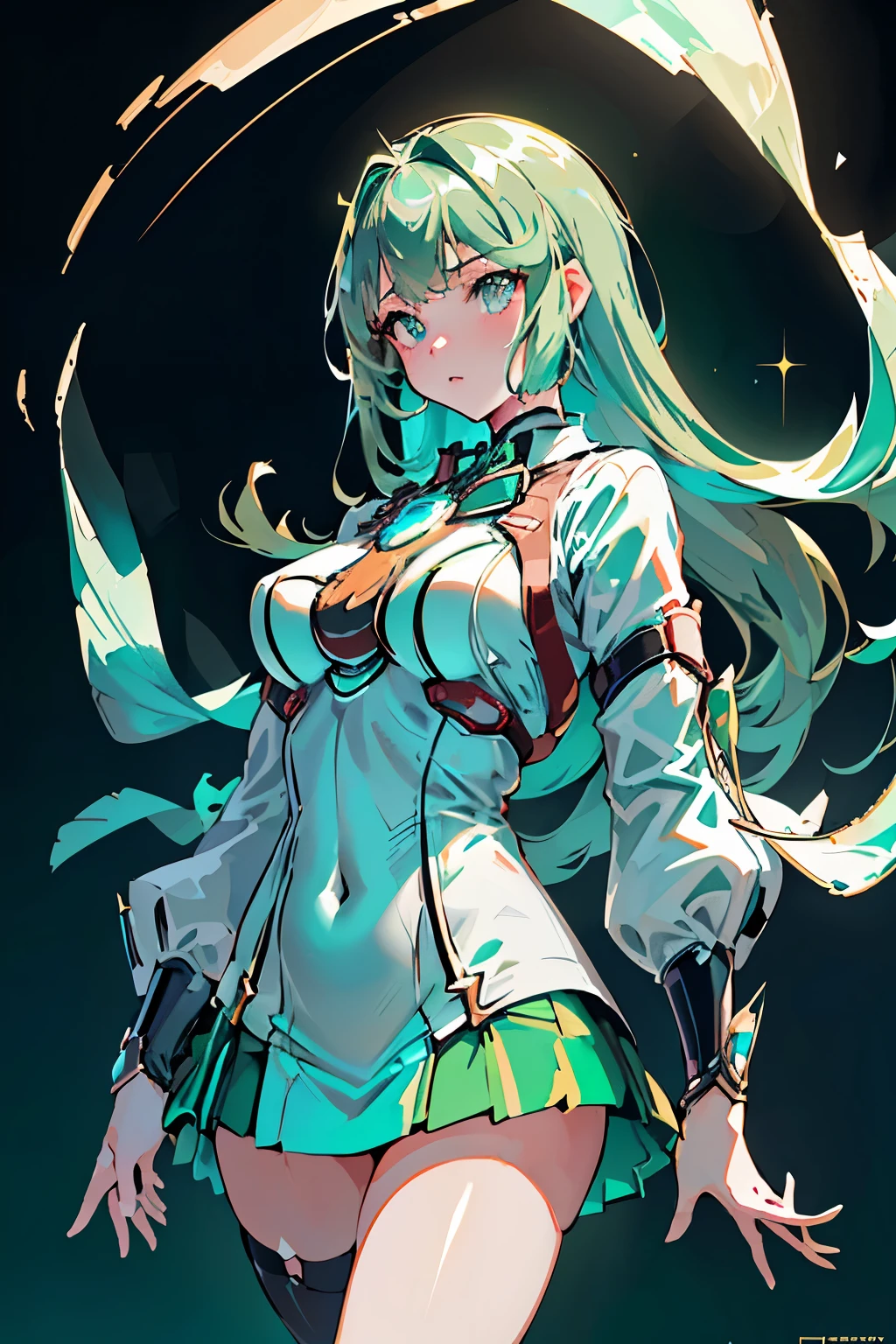 Anime, Girl, (((1girl))), (((Waifu, Xenoblade Chronicles 2, Pneuma Waifu))), Techwear, (((Seafoam Green Hair, Long Hair))), ((Seafoam Green Eyes eyes:1.3, Upturned Eyes: 1, Perfect Eyes, Beautiful Detailed Eyes, Gradient eyes: 1, Finely Detailed Beautiful Eyes: 1, Symmetrical Eyes: 1, Big Highlight On Eyes: 1.2, Hoshino Ai's Star Eyes)), (((Lustrous Skin: 1.5, Bright Skin: 1.5, Skin Fair, Shiny Skin, Very Shiny Skin, Shiny Body, Plastic Glitter Skin, Exaggerated Shiny Skin, Illuminated Skin))), (Detailed Body, (Detailed Face)), Young, Idol Pose, (Best Quality), Shirt, Loose Skirt, Stockings, Garterbelt, Modest Clothing, Skin Covered, Cute Disposition, High Resolution, Sharp Focus, Ultra Detailed, Extremely Detailed, Extremely High Quality Artwork, (Realistic, Photorealistic: 1.37), 8k_Wallpaper, (Extremely Detailed CG 8k), (Very Fine 8K CG), ((Hyper Super Ultra Detailed Perfect Piece)), (((Flawlessmasterpiece))), Illustration, Vibrant Colors, (Intricate), High Contrast, Selective Lighting, Double Exposure, HDR (High Dynamic Range), Post-processing, Background Blur