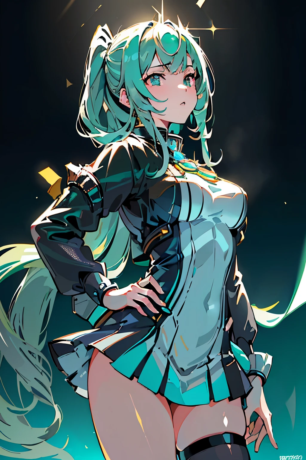 Anime, Girl, (((1girl))), (((Waifu, Xenoblade Chronicles 2, Pneuma Waifu))), Techwear, (((Seafoam Green Hair, Long Hair))), ((Seafoam Green Eyes eyes:1.3, Upturned Eyes: 1, Perfect Eyes, Beautiful Detailed Eyes, Gradient eyes: 1, Finely Detailed Beautiful Eyes: 1, Symmetrical Eyes: 1, Big Highlight On Eyes: 1.2, Hoshino Ai's Star Eyes)), (((Lustrous Skin: 1.5, Bright Skin: 1.5, Skin Fair, Shiny Skin, Very Shiny Skin, Shiny Body, Plastic Glitter Skin, Exaggerated Shiny Skin, Illuminated Skin))), (Detailed Body, (Detailed Face)), Young, Idol Pose, (Best Quality), Shirt, Loose Skirt, Stockings, Garterbelt, Modest Clothing, Skin Covered, Cute Disposition, High Resolution, Sharp Focus, Ultra Detailed, Extremely Detailed, Extremely High Quality Artwork, (Realistic, Photorealistic: 1.37), 8k_Wallpaper, (Extremely Detailed CG 8k), (Very Fine 8K CG), ((Hyper Super Ultra Detailed Perfect Piece)), (((Flawlessmasterpiece))), Illustration, Vibrant Colors, (Intricate), High Contrast, Selective Lighting, Double Exposure, HDR (High Dynamic Range), Post-processing, Background Blur