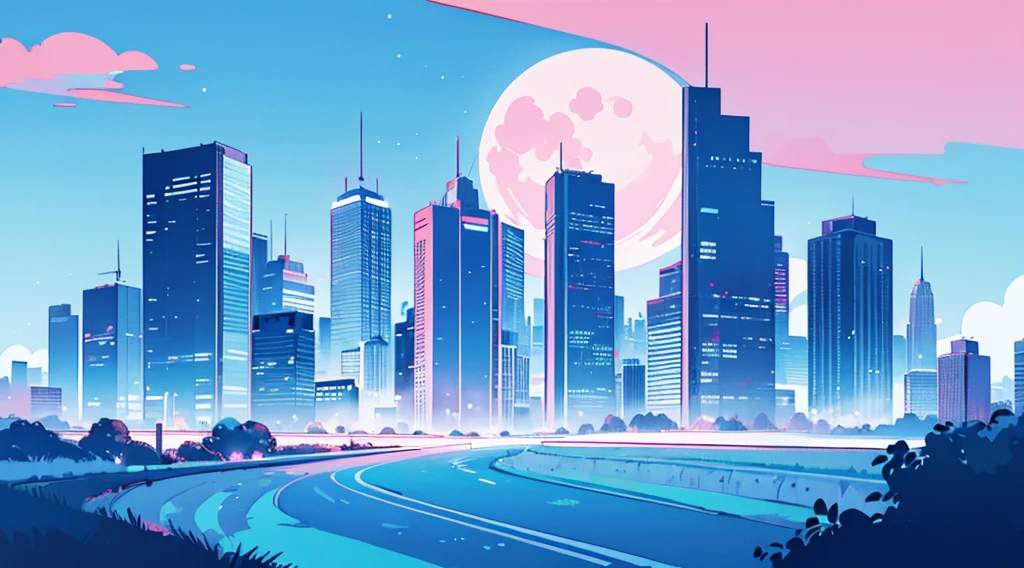 (skyscrapers, pink glowing road, starry blue sky, big moon), (low contrast, flat color, limited palette)