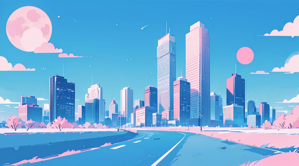 (skyscrapers, pink glowing road, starry blue sky, big moon), (low contrast, flat color, limited palette)