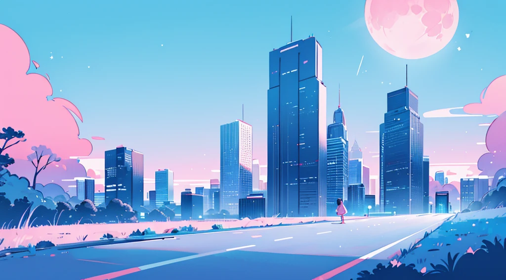 (skyscrapers, pink glowing road, starry blue sky, big moon), (low contrast, flat color, limited palette)