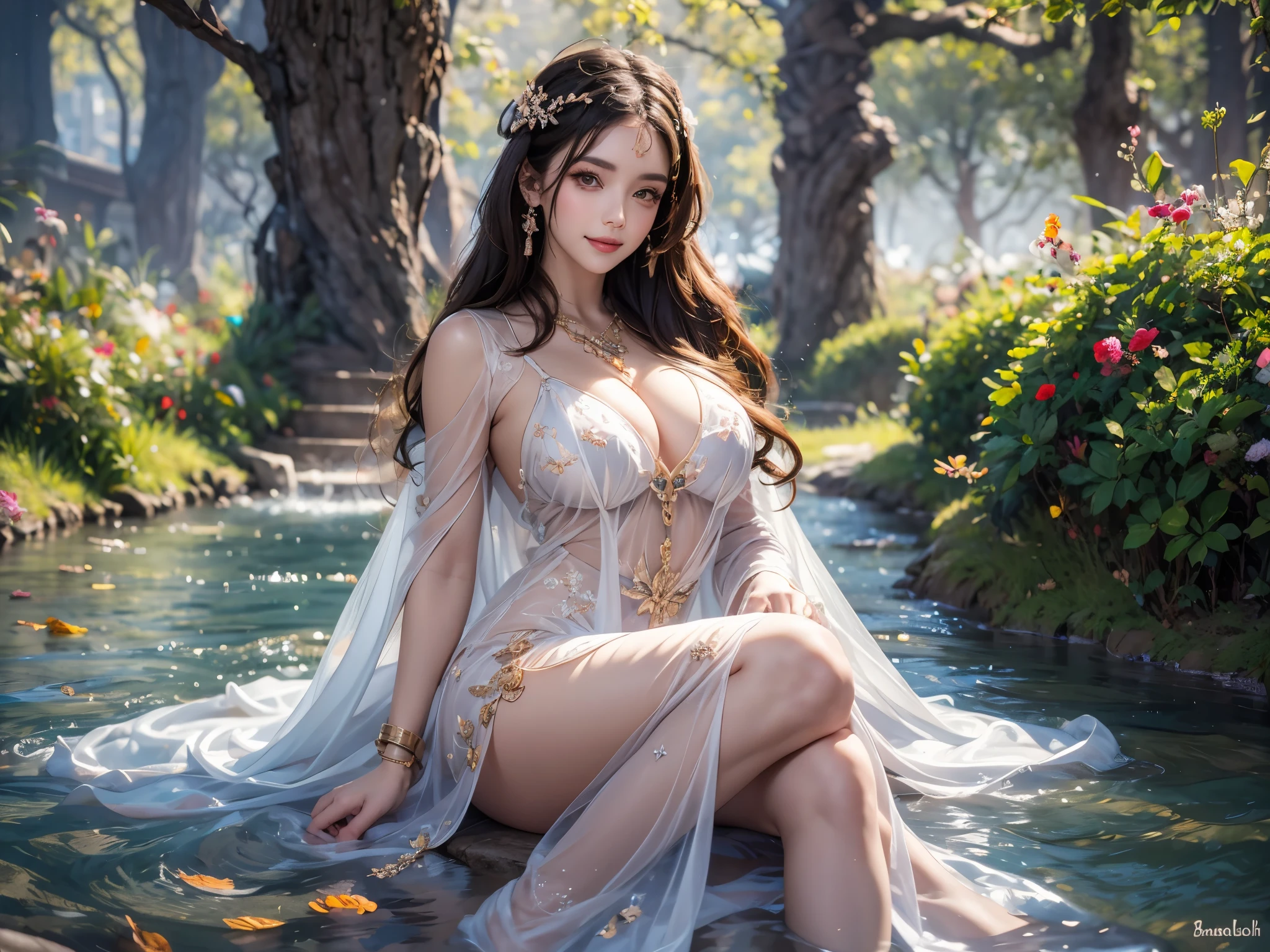 (8K, Top Quality, Masterpiece: 1.2), (Realistic, Photorealistic: 1.5), 1 Girl, Cute, Sitting, Outside, (Smile: 1.15), Huge Breastouth Closed), Beautiful Detailed Eyes, (Translucent Little Dress: 1.3), Hips Are Protruding, Full Body, (Toplesest Quality)), (Ultra Detailed)), No Underwear, Lovely Background, Floating Hair, Naughty Face, Beautiful detailed body, legs spread facing forward, detailed eyes, (highest quality)