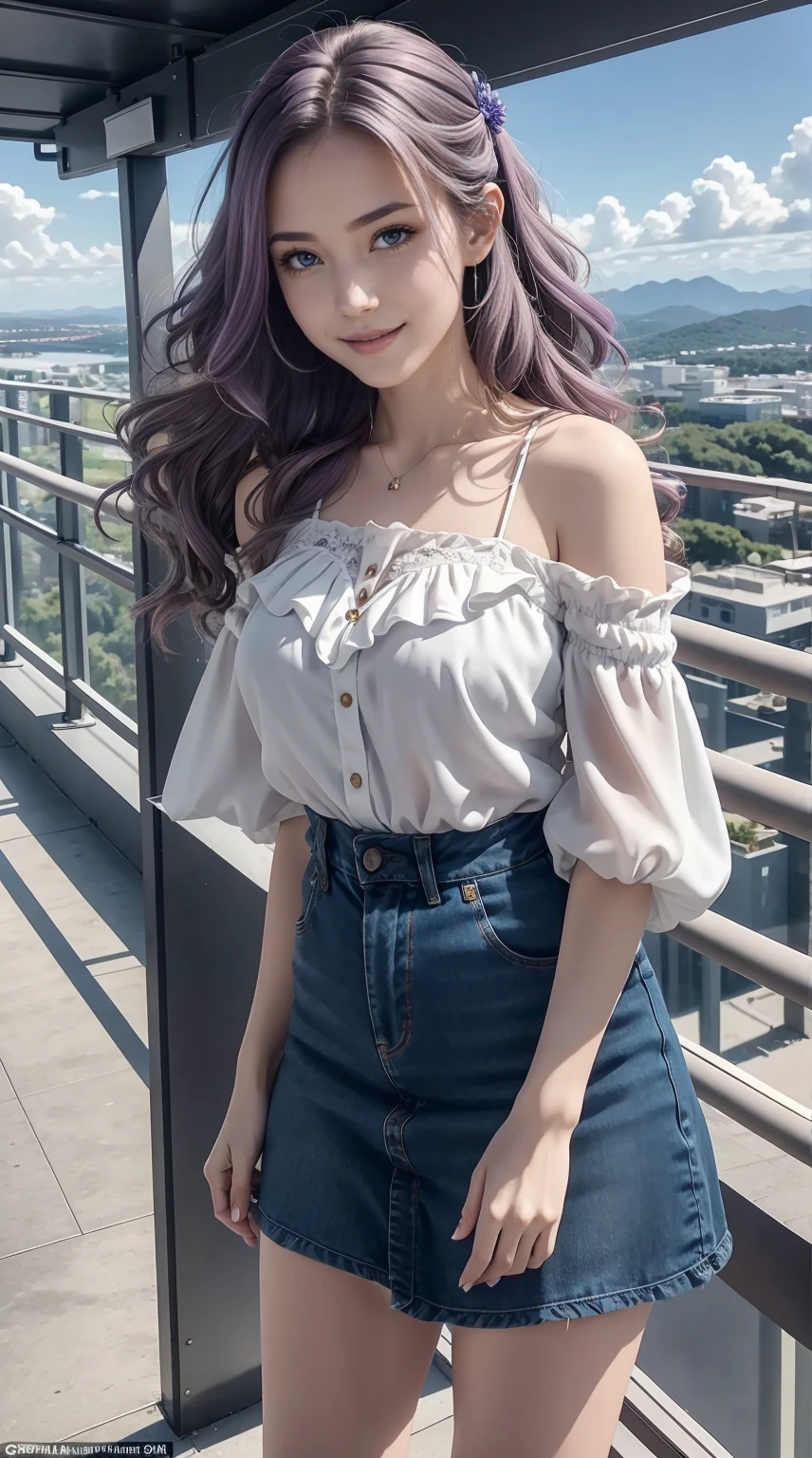 24-year-old Caucasian woman、Hair color is a gradation of brunette and purple、Hair is wavy、Eye color is blue、Longhaire、A slender、a smile、Beautiful breasts、A slenderだが均整の取れた細マッチョな身体、wearing a frilly blouse、She's wearing a frilly arm dress、I'm wearing jeans、I'm wearing high heels、I'm on an observation deck on top of a small mountain with a great view in Europe.、I grabbed the railing and looked at the scenery below.、a smile、I'm wearing a hair ornament、setting hair、Hair flutters in the wind