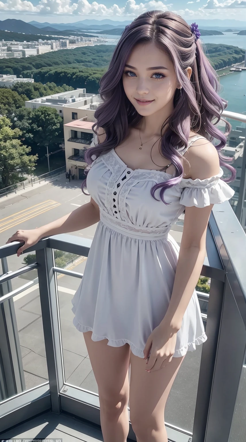 24-year-old Caucasian woman、Hair color is a gradation of brunette and purple、Hair is wavy、Eye color is blue、Longhaire、A slender、a smile、Beautiful breasts、A slenderだが均整の取れた細マッチョな身体、wearing a frilly blouse、She's wearing a frilly arm dress、I'm wearing jeans、I'm wearing high heels、I'm on an observation deck on top of a small mountain with a great view in Europe.、I grabbed the railing and looked at the scenery below.、a smile、I'm wearing a hair ornament、setting hair、Hair flutters in the wind