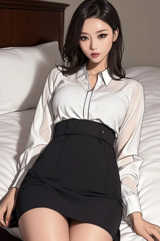 (Photo realistic, masterpiece, best quality, ultra detailed, realistic skin, intricate details, exquisitely detailed, beautiful composition, extremely intricate, realistic humid skin, perfect anatomy, exquisitely detailed skin, glossy shiny skins:1.1), solo, 1 woman, (dramatic_light, beautiful_detailed_light), (hotel room), (beautiful_eyes, pretty face, red lips, high nose bridge), (35 years old, korean beautiful woman), lying on the bed, dressed in a professional blouse and black pencil skirt, with a determined expression on her face and her body posed to exude confidence and power.