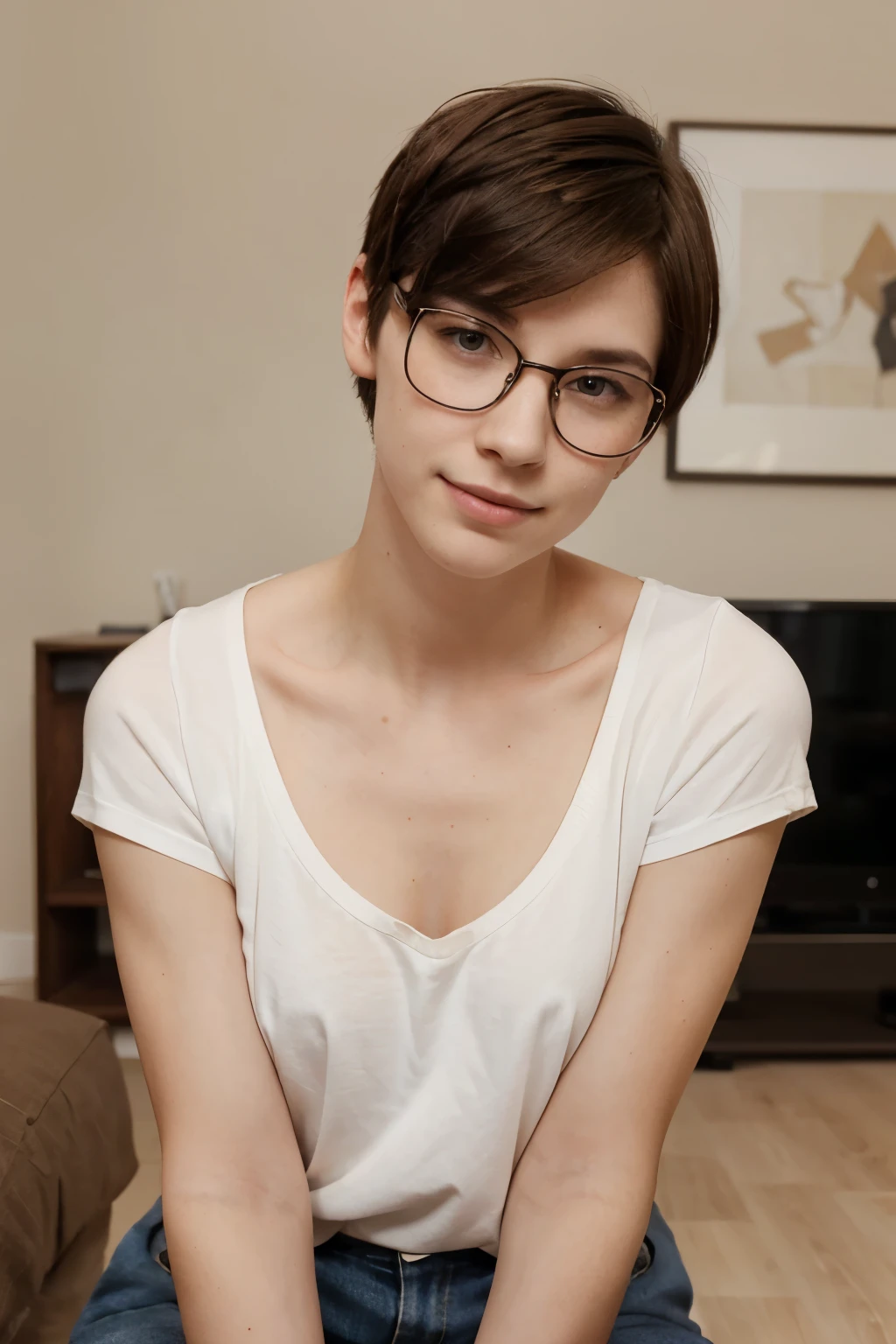 An androgynous female woman with glasses. Very short hair. Short manly haircut. Dark-brown hair with a undercut. Very pale skin with freckles and liverspots. Round soft face. Round soft chin. Round soft cheeks. Curved lips. Long wide nose. Dark brown eyes. Upturned eyes. Very thin, barely visible eyebrows. Long neck. Slim. Small chest. Long thick legs. Happy. Smiling. Androgynous. Tomboyish. Wearing simple clothing. In a living room.