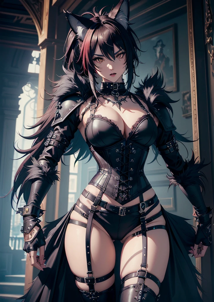 ((best quality, masterpiece, 4k, 8k, high res)), ((furry; Anthro Wolf)), brunette, dynamic pose, ferocious, fangs, full body, female werewolf, sexy, vibrant colors, (edgy punk hairstyle), knight armor, well-toned abs, Victorian dress, goth corset,