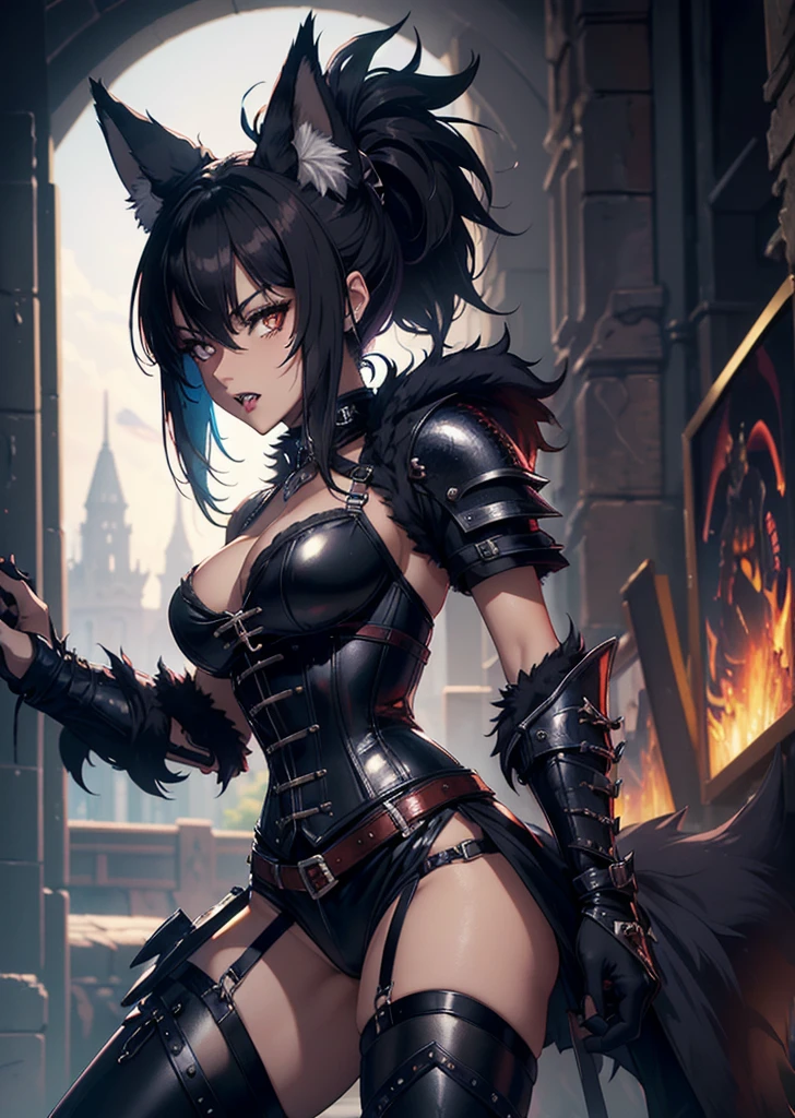 ((best quality, masterpiece, 4k, 8k, high res)), ((furry; Anthro Wolf)), brunette, dynamic pose, ferocious, fangs, full body, female werewolf, sexy, vibrant colors, (edgy punk hairstyle), knight armor, well-toned abs, Victorian dress, goth corset,