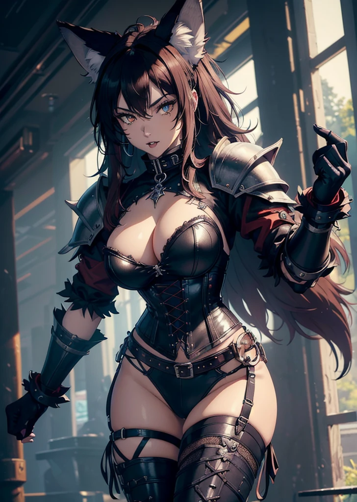 ((best quality, masterpiece, 4k, 8k, high res)), ((furry; Anthro Wolf)), brunette, dynamic pose, ferocious, fangs, full body, female werewolf, sexy, vibrant colors, (edgy punk hairstyle), knight armor, well-toned abs, Victorian dress, goth corset,