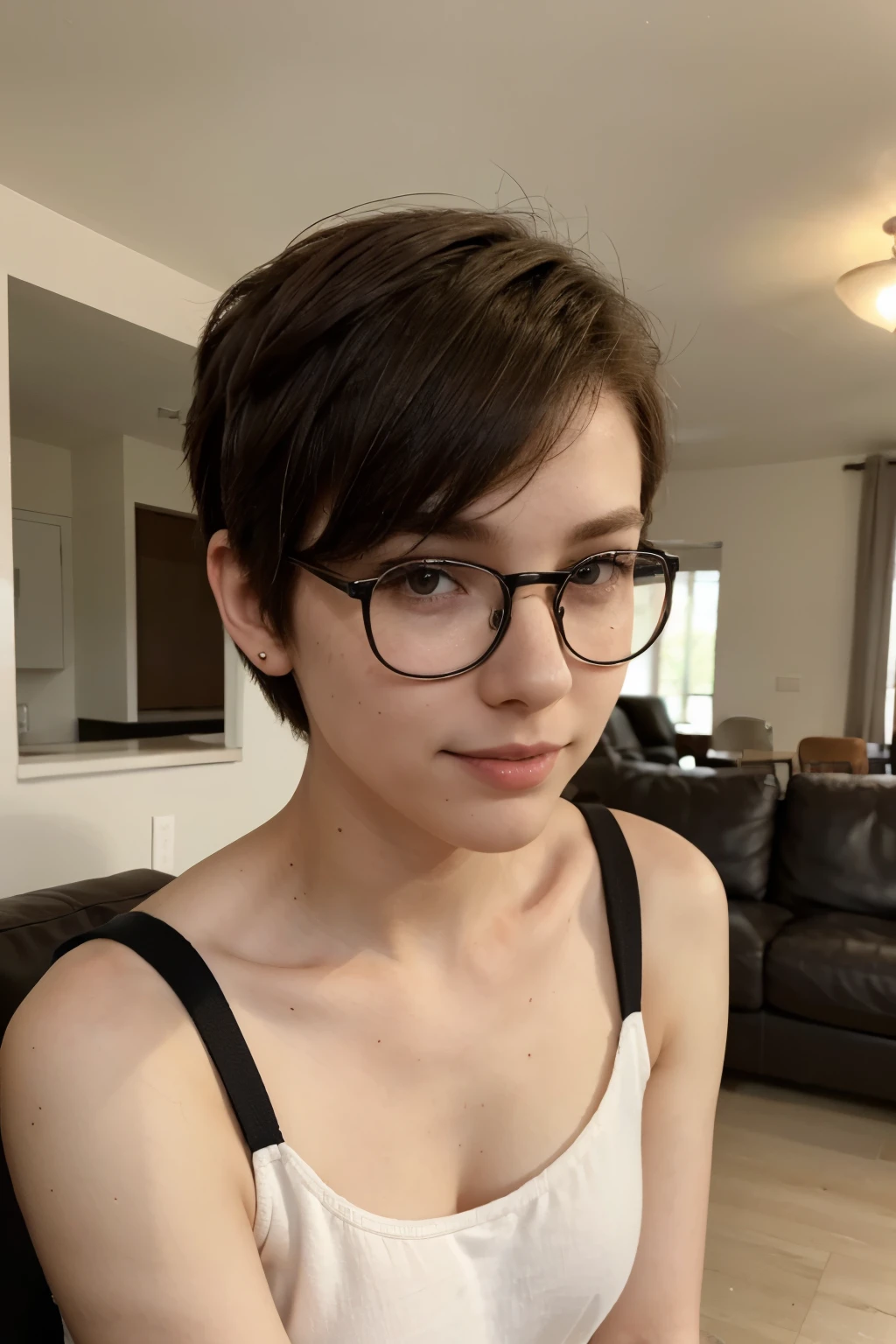 An androgynous female woman with glasses. Very short hair. Short manly haircut. Dark-brown hair with a undercut. Very pale skin with freckles and liverspots. Round soft face. Round soft chin. Round soft cheeks. Curved lips. Long wide nose. Dark brown eyes. Upturned eyes. Very thin, barely visible eyebrows. Long neck. Slim. Small chest. Long thick legs. Happy. Smiling. Androgynous. Tomboyish. Wearing simple clothing. In a living room.