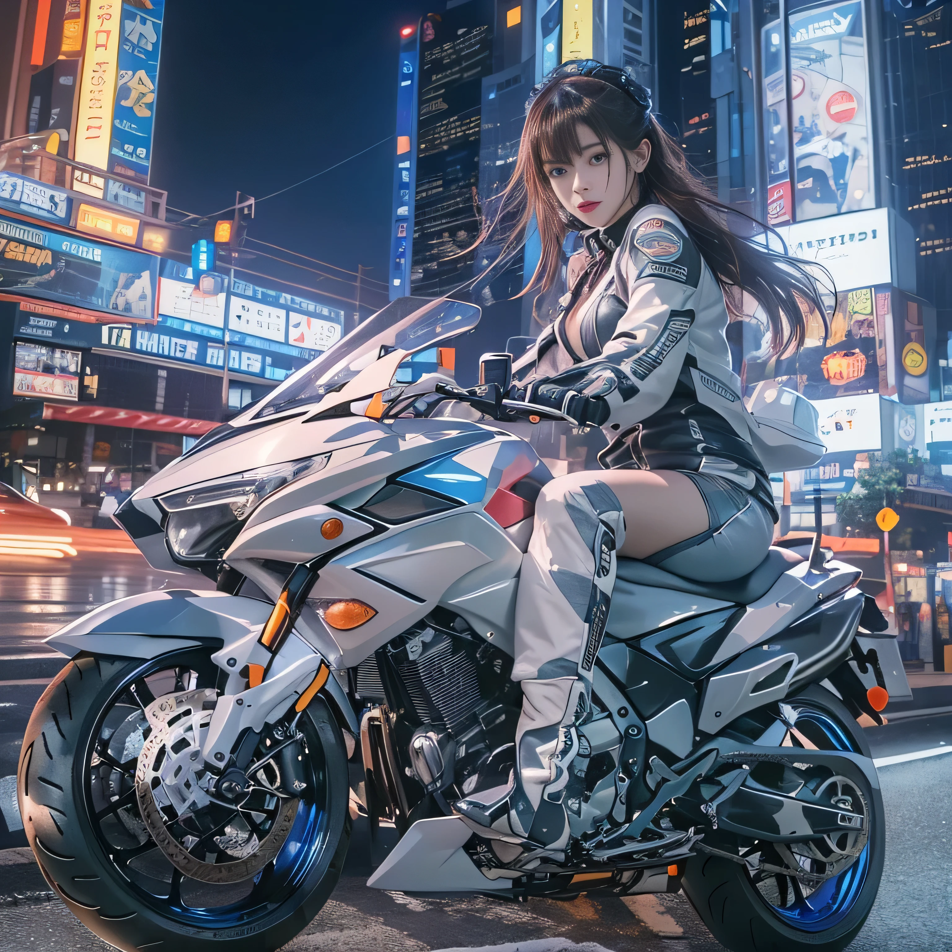 8K、top-quality、hight resolution、ultra-detailliert、​masterpiece、Raw photography:2、realisitic:2、Photorealsitic:2、extremely delicate and beautiful、finely detail、(Cyber City), (highly detailed landscape), (Night Highway), 1womanl, (Solo)、(Riding a motorcycle of the near future:1.5)、(Super beautiful)、(beauitful face:1.5), (A detailed face:1.5)、(Delicat eyes:1.3), (Detailed nose:1.3), (Detailed lips:1.3)、(Bare legs:1.2)