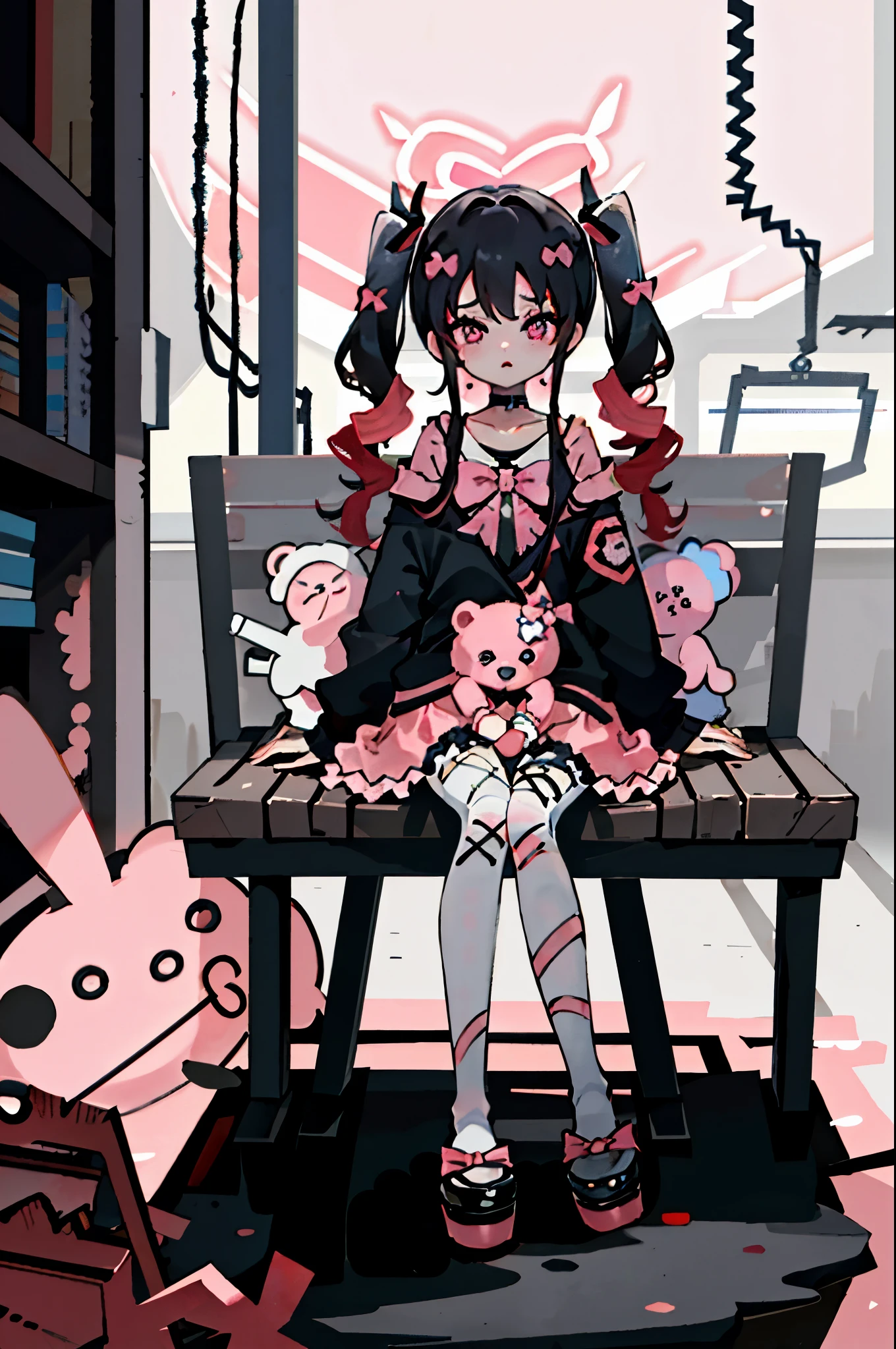 masterpiece, best quality, (jirai_kei),1girl, solo, long_hair, looking_at_viewer, shirt, black_hair, long_sleeves, bow, ribbon, twintails, sitting, monochrome, hair_bow, heart, pantyhose, frills, food, shoes, choker, blunt_bangs, black_skirt, pink_eyes, stuffed_toy, pink_background, stuffed_animal, frilled_skirt, pink_bow, (fishnets), candy, bandaid, pink_shirt, teddy_bear, lollipop, (fishnet_pantyhose), platform_footwear, pink_theme, pill, heart-shaped pupils,