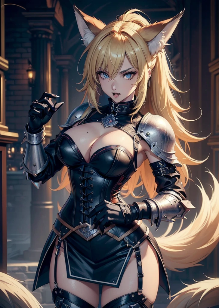 ((best quality, masterpiece, 4k, 8k, high res)), ((furry; Anthro Wolf)), blonde, dynamic pose, ferocious, fangs, full body, female werewolf, sexy, vibrant colors, (edgy punk hairstyle), knight armor, well-toned abs, Victorian dress, goth corset,