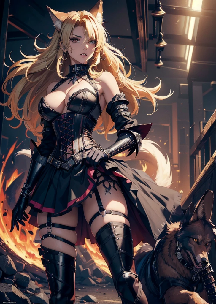 ((best quality, masterpiece, 4k, 8k, high res)), ((furry; Anthro Wolf)), blonde, dynamic pose, ferocious, fangs, full body, female werewolf, sexy, vibrant colors, (edgy punk hairstyle), knight armor, well-toned abs, Victorian dress, goth corset,