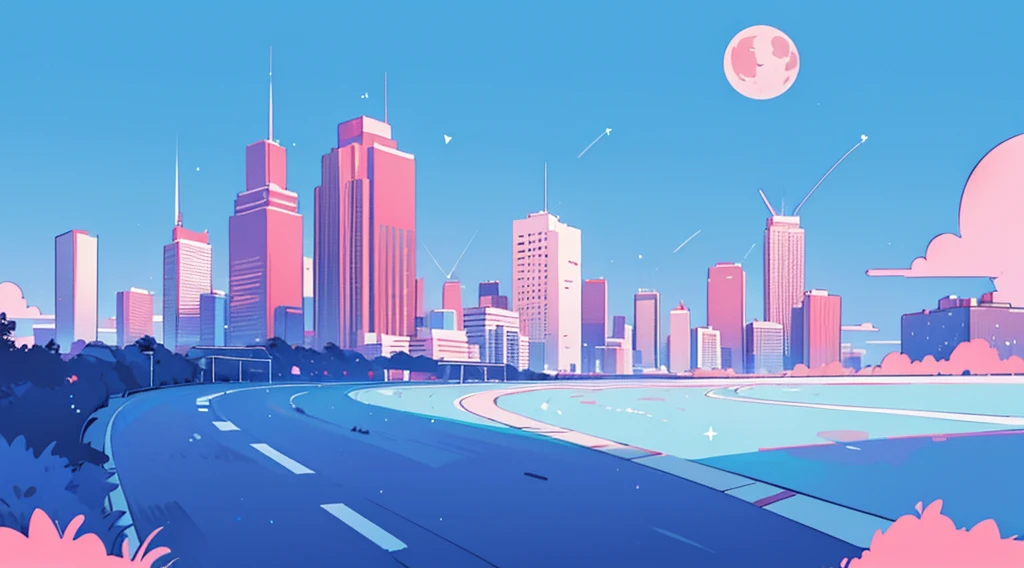 (skyscrapers, pink glowing road, starry blue sky, big moon), (super car), (low contrast, flat color, limited palette)