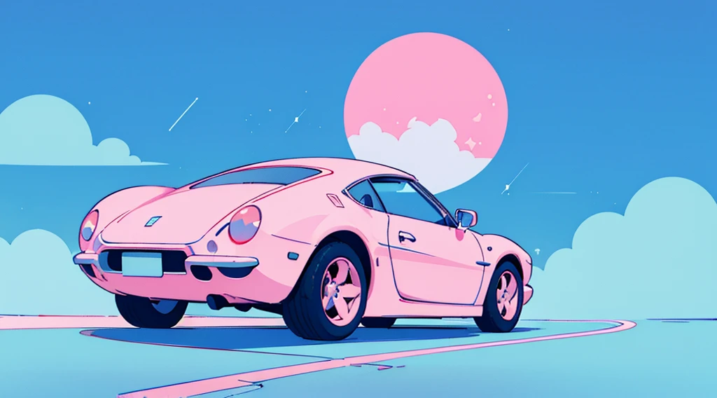 (skyscrapers, pink glowing road, starry blue sky, big moon), (super car), (low contrast, flat color, limited palette)